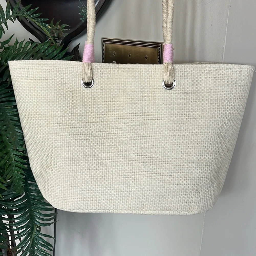 Brand New Capelli Straw Shoulder Bag Sequined Pink Heart Tote Snap Close Natural